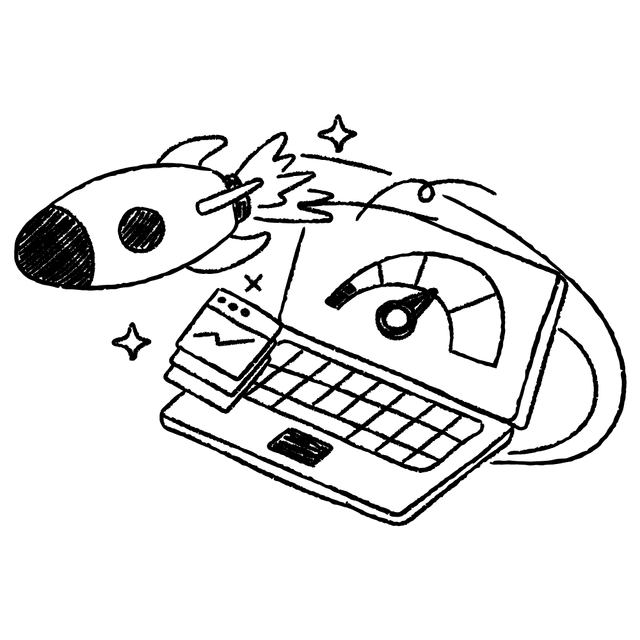 Laptop mit Rakete - Symbol für Zeit- und Kosteneinsparung